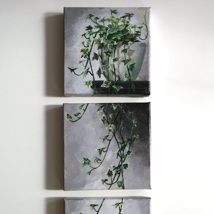 three piece painting of an ivy hanging on a wall