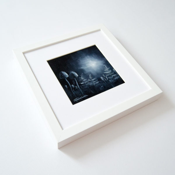 framed painting of a moonlit forest