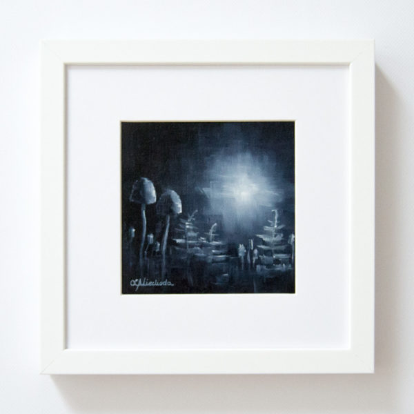 framed painting of a moonlit forest