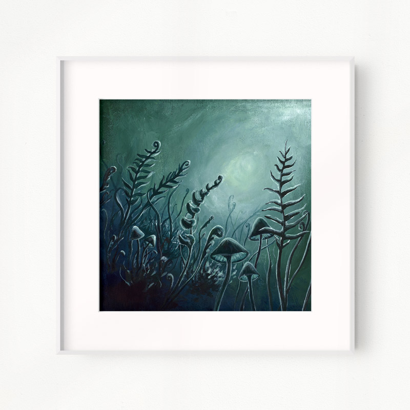 green painting of ferns and fungi in the moonlight