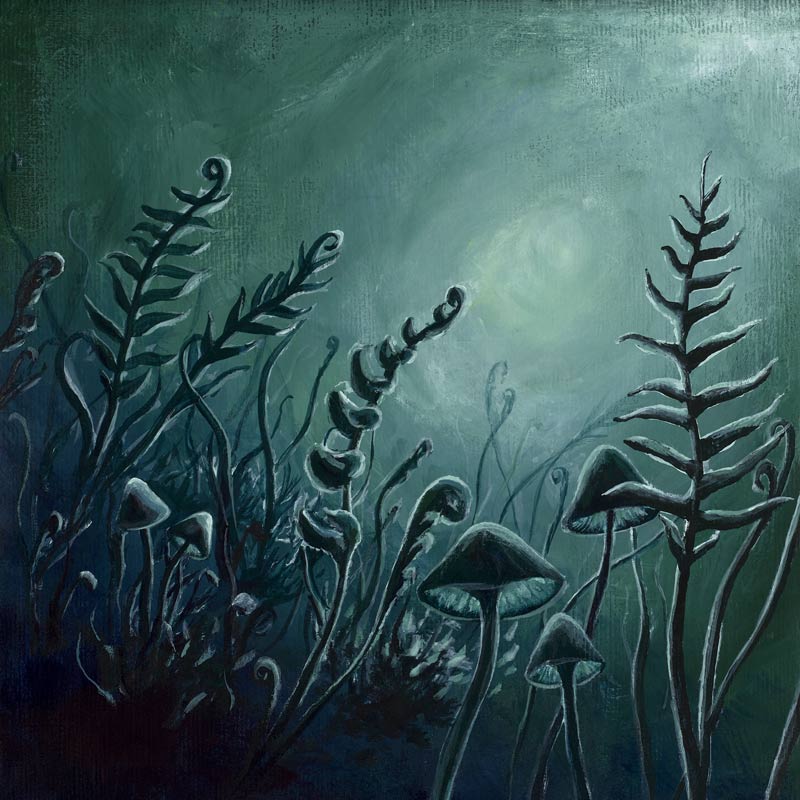 green painting of ferns and fungi in the moonlight