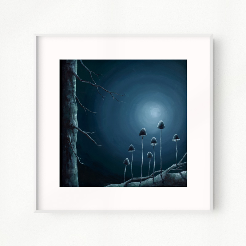 blue painting of a moonlit forest floor