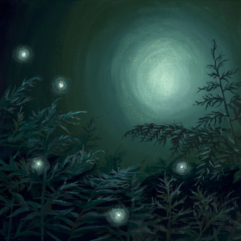 green painting of ferns in the moonlight