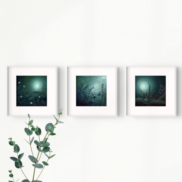 framed paintings of moonlit forest floor